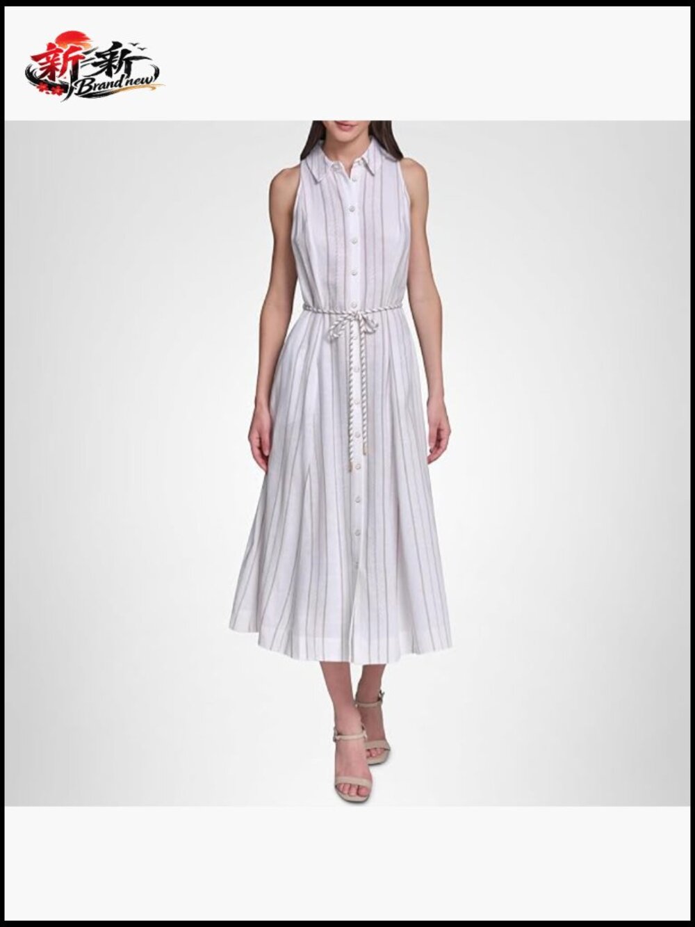 Karl Lagerfeld Sleeveless Collar Striped Linen Midi Dress Fit & Flare